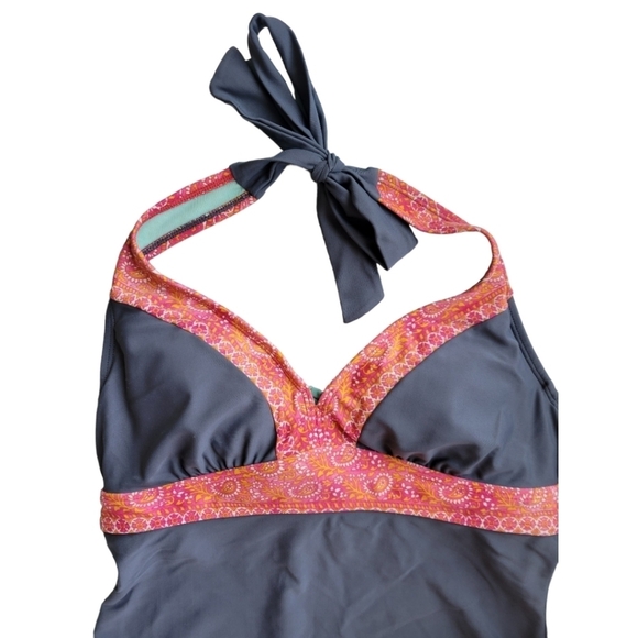 ATHLETA Ventana Bra Cup Halter Tankini Swim Top Gray Orange Paisley 34 B/C Beach - Picture 6 of 10
